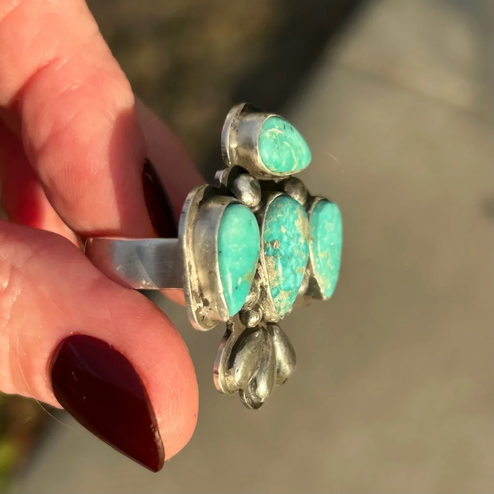 Russell Sam Native American White Water Turquoise Sterling Statement Ring - Picture 3 of 14